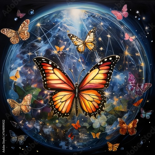 Beautiful butterfly on the background of the planet. Colorful illustration.