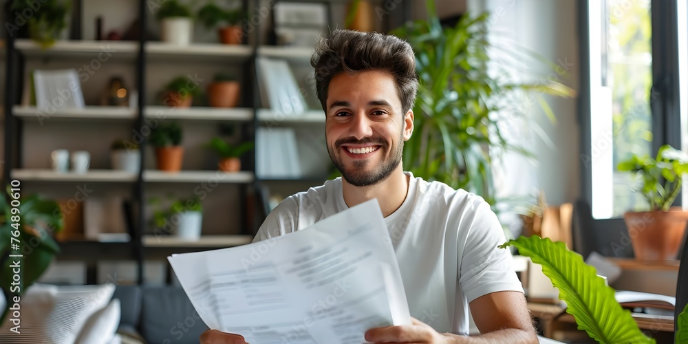 Naklejka premium A confident businessman working from home with a smile while holding paperwork and facing the camera. Concept Home Office, Businessman, Working From Home, Smiling, Holding Paperwork, Confident