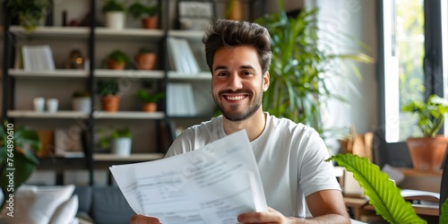 A confident businessman working from home with a smile while holding paperwork and facing the camera. Concept Home Office, Businessman, Working From Home, Smiling, Holding Paperwork, Confident