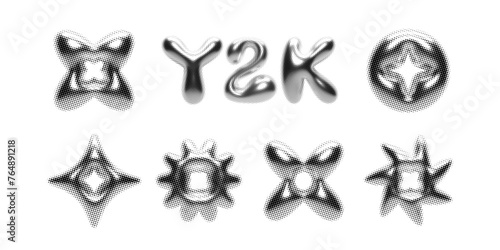 Y2K abstract shapes set: 3D, chrome, glossy metallic forms with retro, halftone dots, photocopy effect. Ideal for modern, futuristic designs