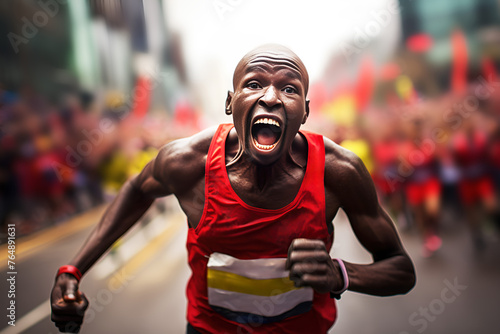 Determined African American male marathon runner with a mouth open in a shout, leading in a dynamic city race, triumph. Concept victory and achievement, endurance, competition and determination