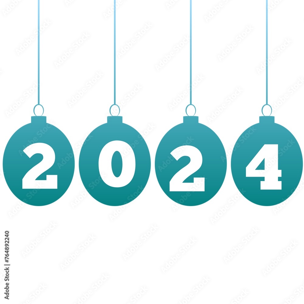 Happy New Year 2024. Hanging Sky Blue Balloon On White Background. Illustration for the festive New Year 2024 Happy New Year 2024. Hanging Sky Blue Balloon On White Background. Illustration for the festive New Year 2024