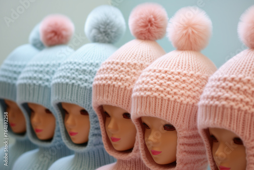 A row of mannequin heads wearing pink and blue knitted beanie hats with pompoms and collars. Children headwear displayed in a winter fashion store. AI-generated