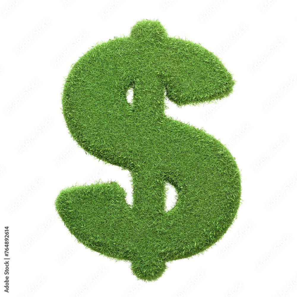 Green grass textured dollar sign isolated on a white background, representing eco-friendly finance or sustainable economy, isolated on white. 3D render illustration Green grass textured dollar sign isolated on a white background, representing eco-friendly finance or sustainable economy, isolated on white. 3D render illustration