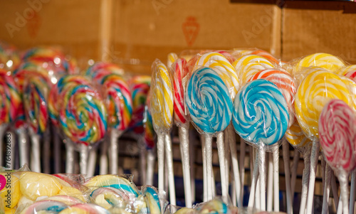 Colorful lollipops in a market.