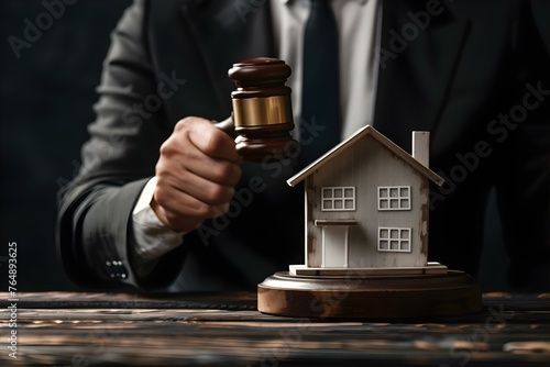 Auctioneer with gavel selling house model for real estate investment emphasizing legal aspects and financial benefits. Concept Real Estate Investment, Legal Aspects, Financial Benefits, Auctioneer photo