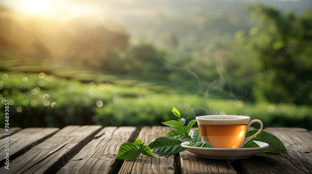 Hot Tea cup on the wooden table  - obrazy, fototapety, plakaty 