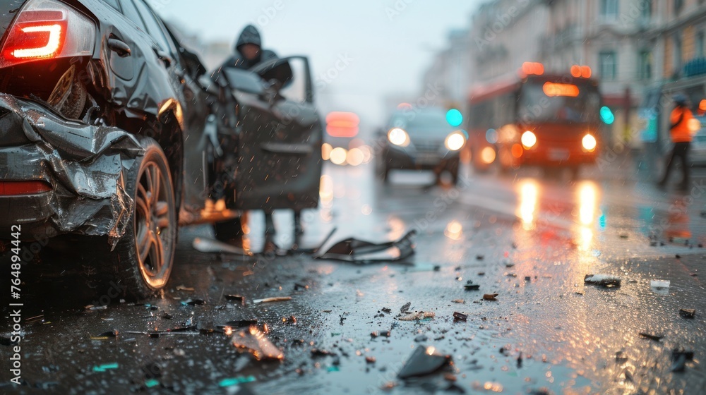 This scene showcases the aftermath of a traffic collision on a rainy city street with emergency lights in the background