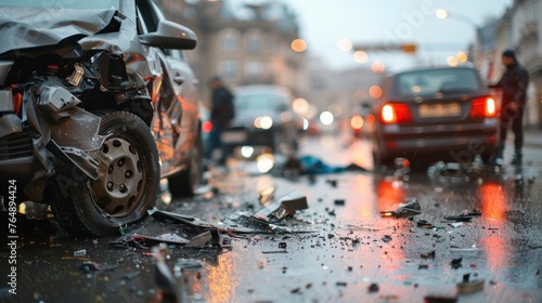 An immediate aftermath of a car collision in urban setting during a rain, focusing on vehicular damage and safety