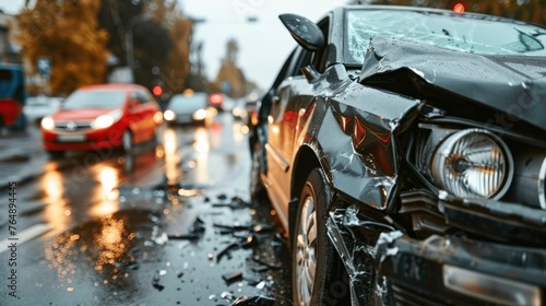 Close-up of a black car with a smashed front end, scattered glass, and car parts on a reflective wet street after an accident