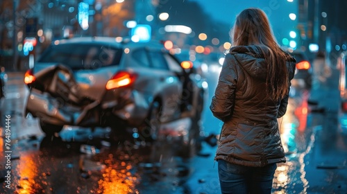 A woman in a winter jacket observes a rear-ended car at night, with bokeh city lights illuminating the wet street