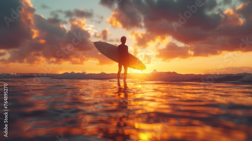 Surf enthusiast in silhouette against a vivid sunset on tranquil sea. Stunning surfer action © Neda Asyasi
