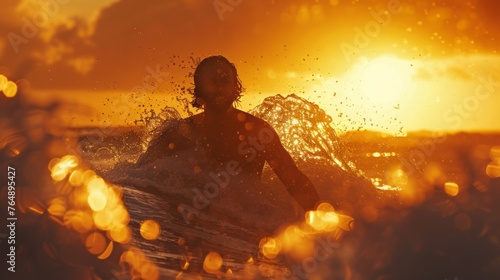 Surf enthusiast in silhouette against a vivid sunset on tranquil sea. Stunning surfer action