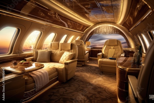 Luxurious golden private jet interior © Alcuin