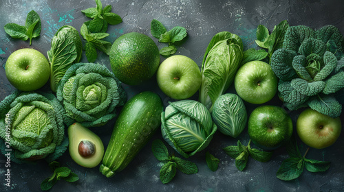 Assortment of fresh green vegetables and fruits on dark background