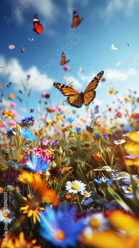 Butterfly flying over a field of colorful wildflowers.