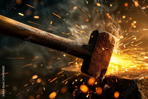 A blacksmith's hammer striking hot metal on an anvi