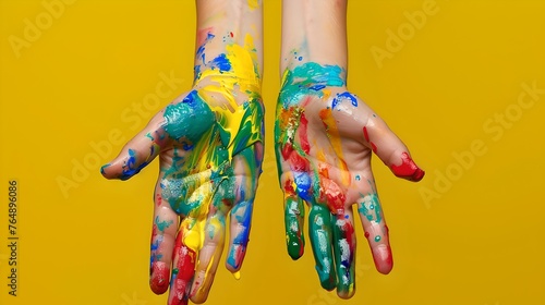 Colorful painted hands raised against a vibrant yellow background, symbolizing creativity and expression in art. Artistic concept, playful style. AI