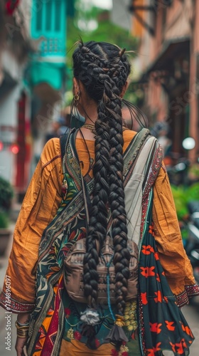 Indian woman with traditional braid and ethnic dress