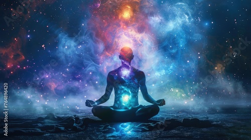 Meditate person sit lotus pose illustration. Mental health concept. Body and mind therapy. Spiritual meditation. People find zen harmony Feeling Chakra Energy. Aura Fields. Spiritual practice.