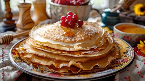 Homemade golden pancakes stacked on a plate with fresh berries. Hearty breakfast, traditional recipe. Close-up, warm setting for a family meal. Delightful and tasty, perfect for brunch. AI