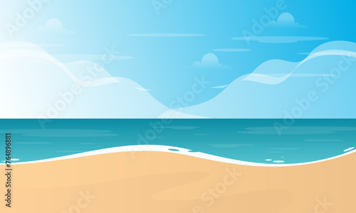 Summer Beach with Palm Tree and the Sun in the Background Vector Illustration