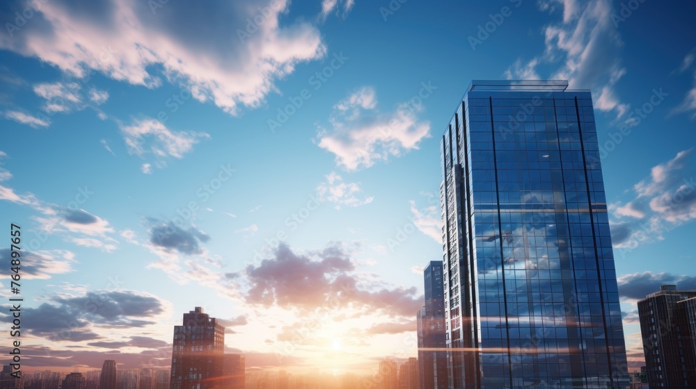 Photorealistic Tall building and behind it a beautiful and sky