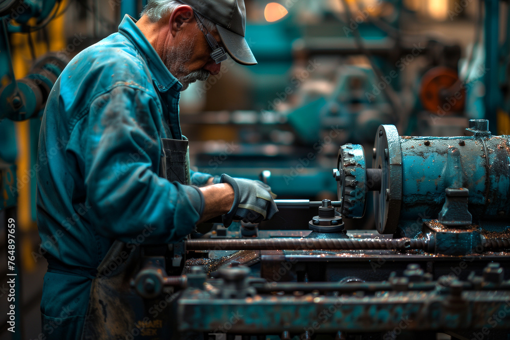 Man Operating Machine in Factory Man Operating Machine in Factory