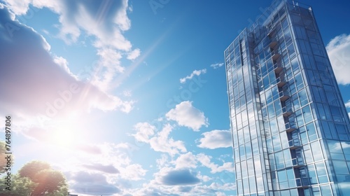 Photorealistic Tall building and behind it a beautiful and sky