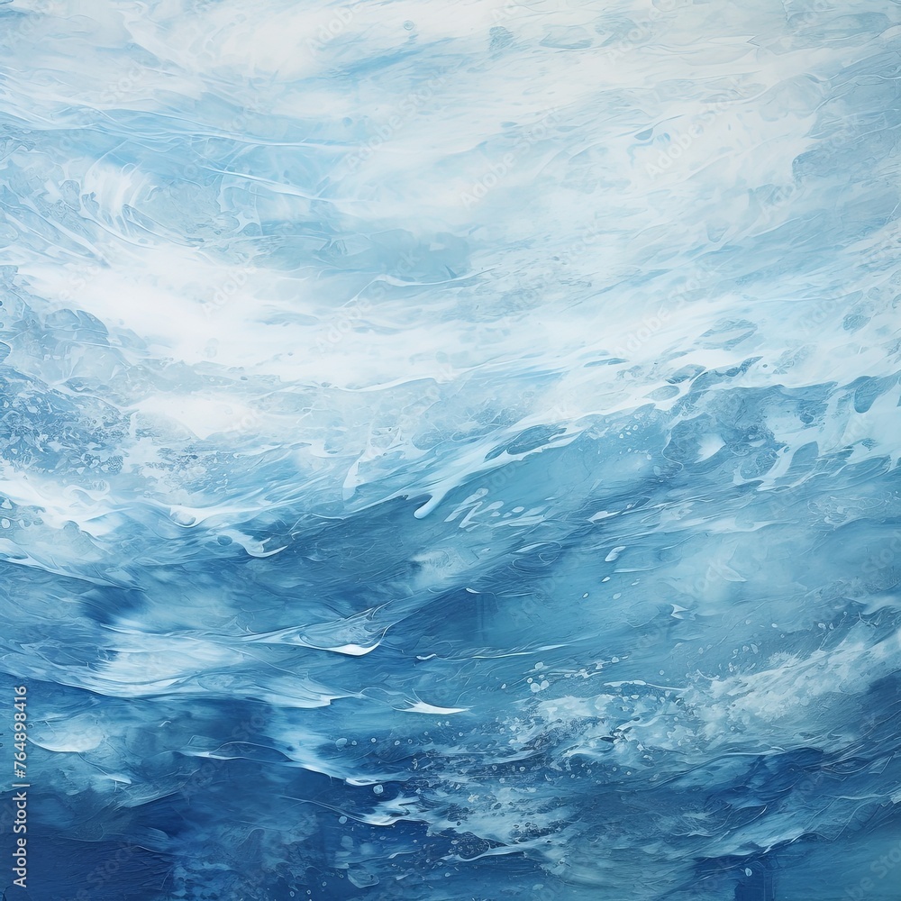 Blue and white painting with abstract wave patterns