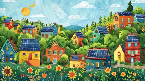 Community Solar Initiatives: Vibrant illustration of neighborhoods embracing community solar projects fostering local resilience and sustainable energy practices.