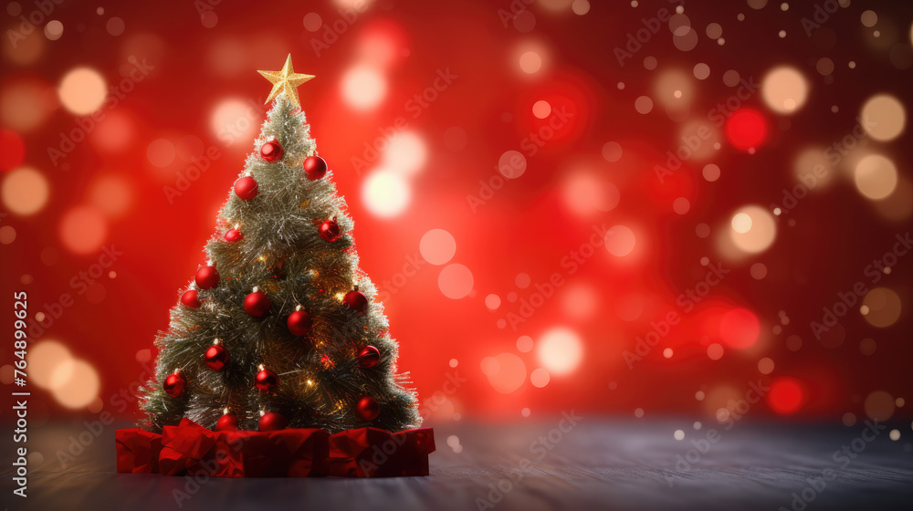Miniature Christmas tree with blurred bokeh gold light background on wood table with copy space. Christmas, New Year, Valentine or Birthday celebration holiday concept. Miniature Christmas tree with blurred bokeh gold light background on wood table with copy space. Christmas, New Year, Valentine or Birthday celebration holiday concept.