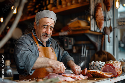 Male butcher cutting ham at shop