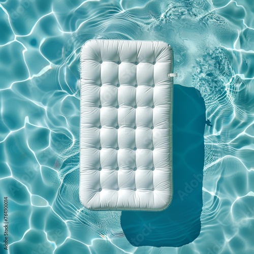 A white inflatable pool lounger floats on the surface of a pool