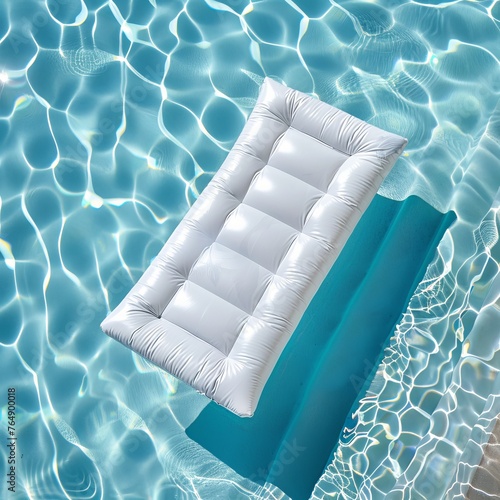 A white inflatable pool lounger floats on the surface of a pool