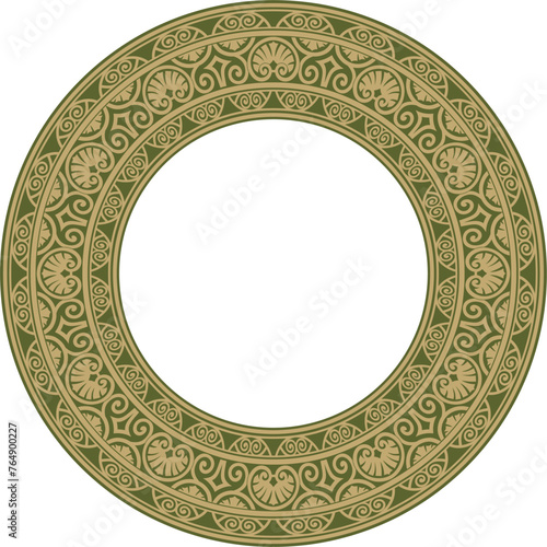 Vector gold and green round classic renaissance ornament. Circle, ring european border, revival style frame..