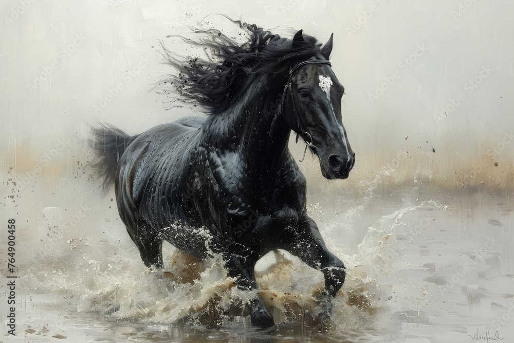 A black horse is running through the water