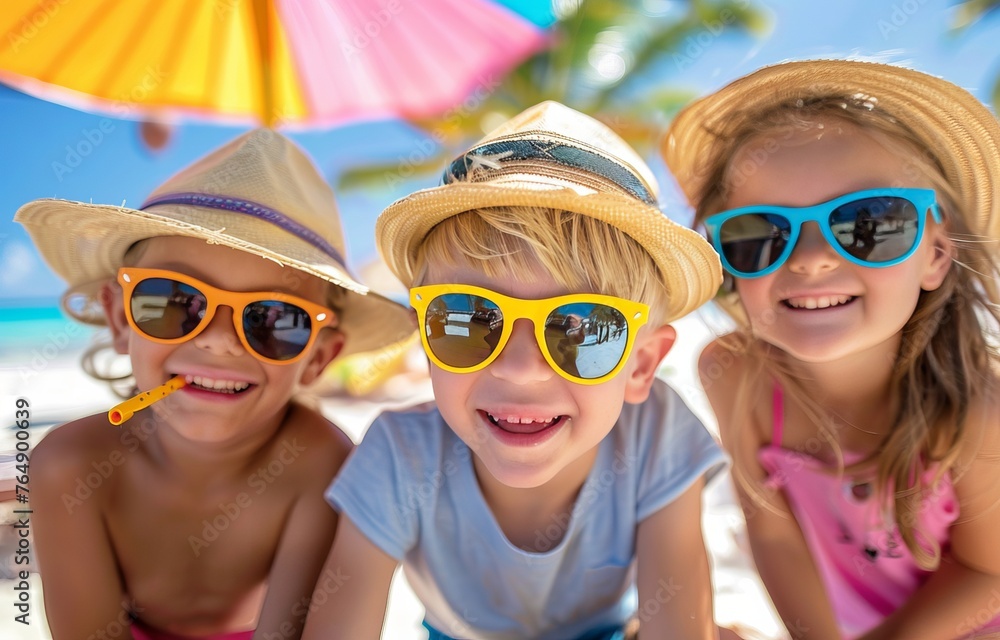 Three children wearing sunglasses and smiling at the camera Three children wearing sunglasses and smiling at the camera
