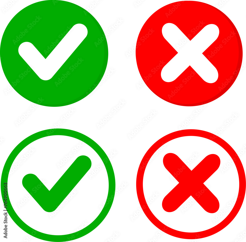 Tick and cross signs. Green checkmark and red X icons set isolated on white background. Replaceable vector design. Vector illustration. Tick and cross signs. Green checkmark and red X icons set isolated on white background. Replaceable vector design. Vector illustration.