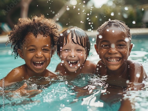 Three children are playing in a pool, smiling and splashing water