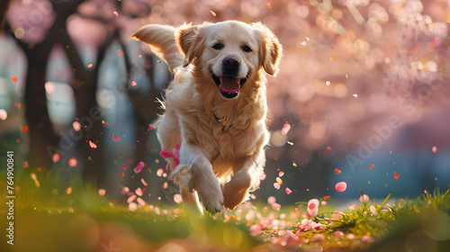 A white Golden retrievers dog running under the cherry blossom tree, green grass