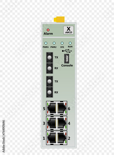 Industrial Ethernet switch for DIN rail mounting. Contains 6 RJ-45 Ethernet ports, 2 fiber optic single-mode SC ports, one USB console port. The background is transparent. Vector illustration.