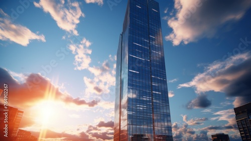 Photorealistic Tall building and behind it a beautiful and sky
