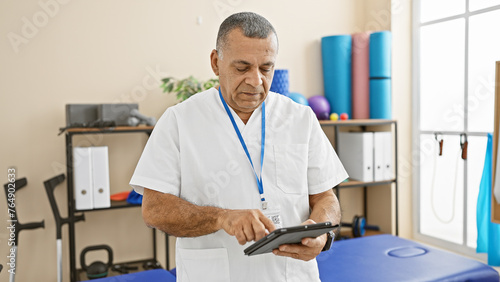 Mature hispanic man in medical attire, using a tablet in a bright rehabilitation clinic. © Krakenimages.com
