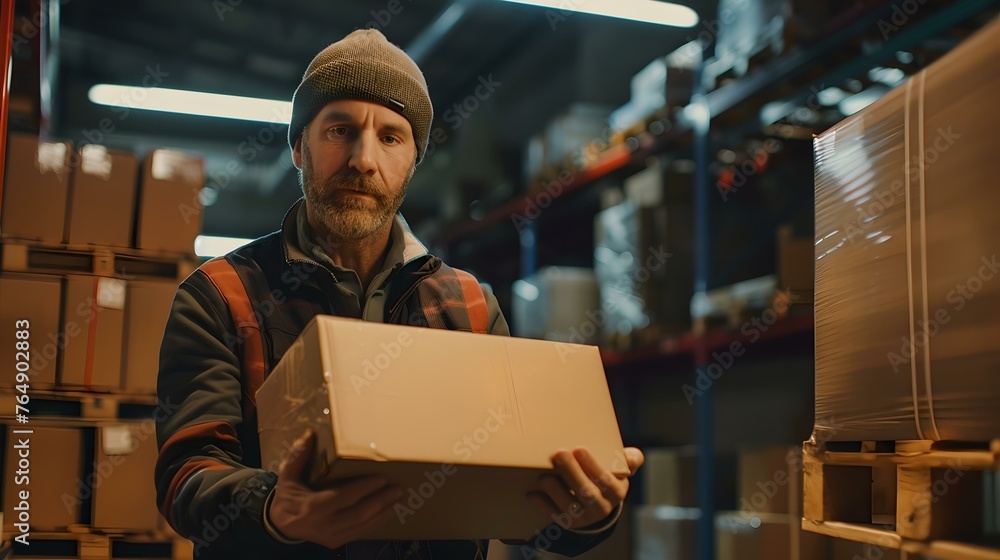 Focused warehouse worker in beanie holding a package. casual style, modern logistics center scene, professional employee at work. AI Focused warehouse worker in beanie holding a package. casual style, modern logistics center scene, professional employee at work. AI