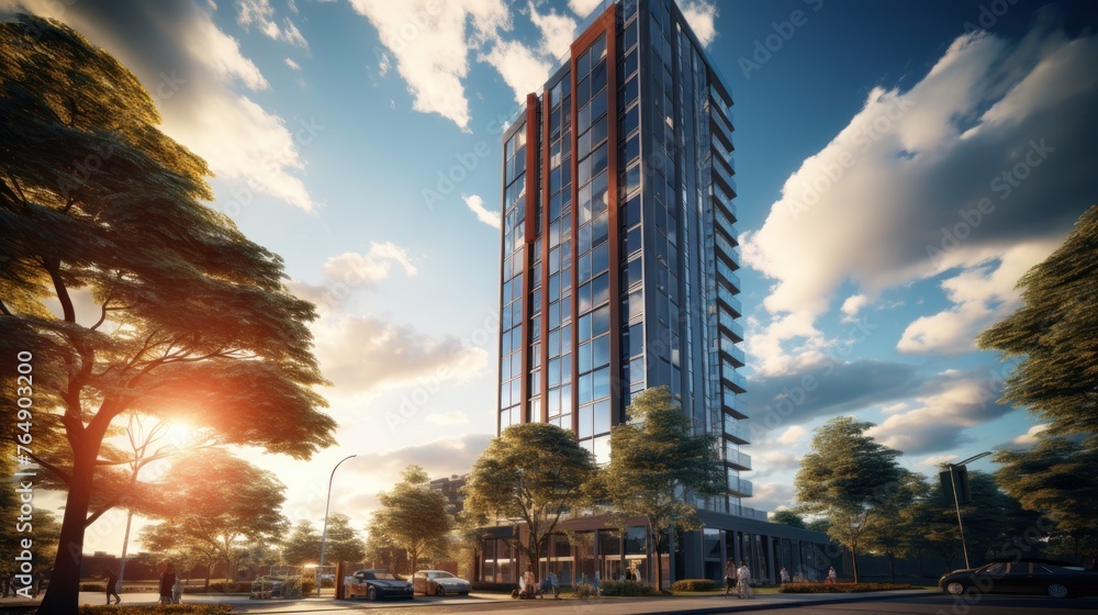 Obraz premium Photorealistic Tall building and behind it a beautiful and sky