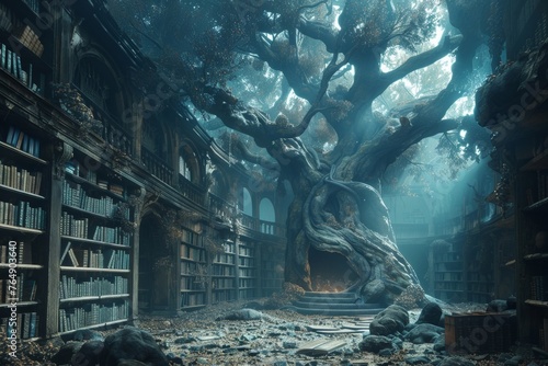 Imagine a majestic ancient tree with a large hollow trunk that contains a complex maze of books and shelves, creating a mystical and enchanting environment in a fantasy world.
