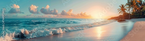 Tropical beach with coconut trees and serene sea during sunrise or sundown. Wide image of a tranquil scenery - Generative artificial intelligence.