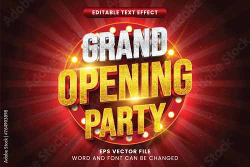 Grand opening party 3d editable vector text effect. Neon light vintage text style