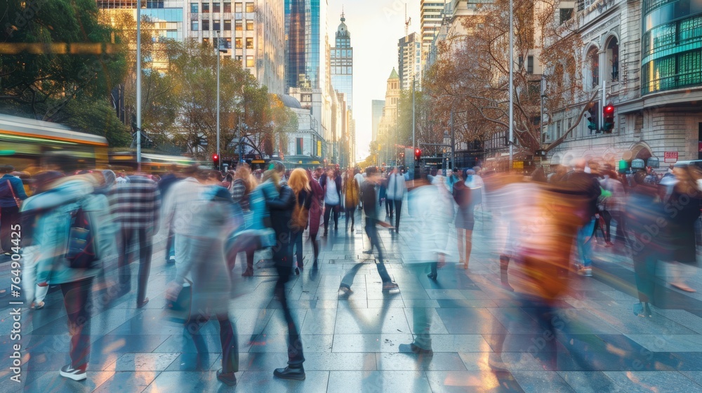 Urban scene with long exposure blur,  featuring a throng of businesspeople walking along a crowded sidewalk during peak hours